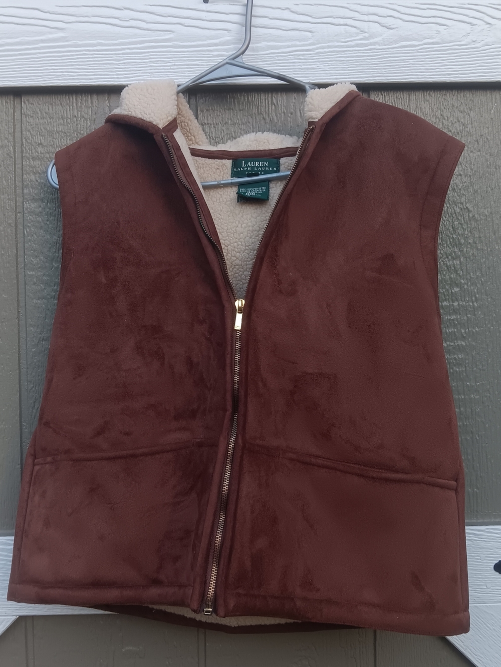 Lauren Ralph Lauren Brown Fauz Suede Sherpa-Lined Hooded Vest Size P/M